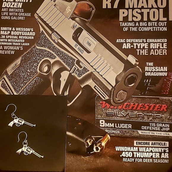 Sterling Silver Revolver Gun Earrings on Silver Filled Fish Hook Ear Wire - Picture 2 of 2